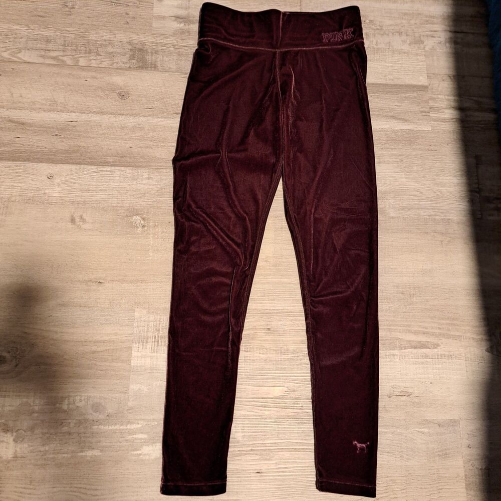 Victoria's Secret PINK Burgundy Velour Logo Flat Yoga Leggings‎ Small